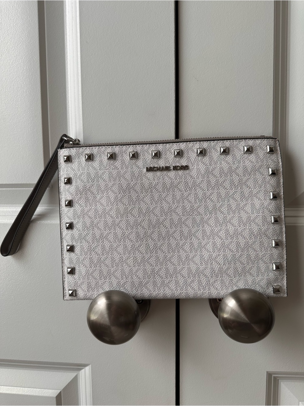 Michael Kors Light Silver XL Studded Zip Wallet Clutch